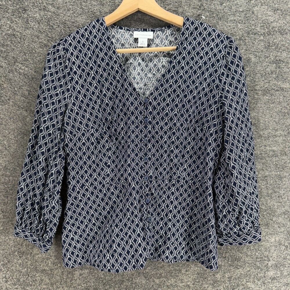 Liz Claiborne Top Women S Small Black Geometric Button Up V-Neck Long Sleeve